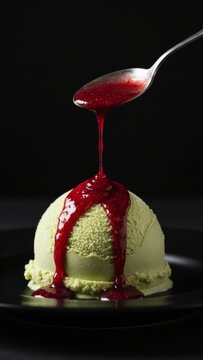 Red Berry Sauce Drizzling over Green Sorbet Ice Cream Scoop Close-up