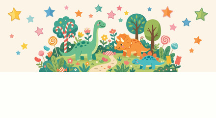 A cute vector illustration of cartoon dinosaurs playing in a magical land filled with colorful candies, trees, and glowing stars above. © Regina