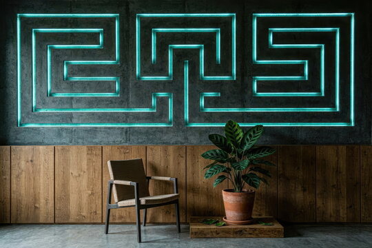 Minimalist Studio Interior with Shipibo LED Art and Negative Space