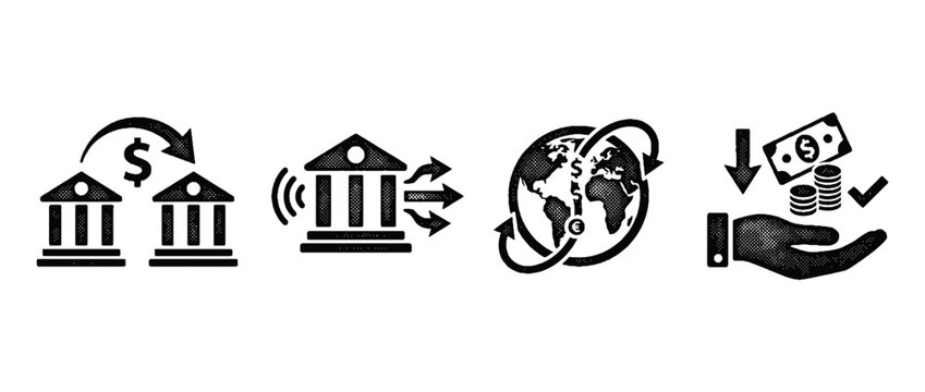This image highlights the concept of bank transactions, global financial connections, and economic exchanges through vector halftone styles for modern visuals.