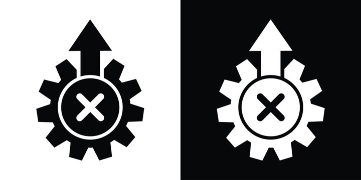 Minimalist design featuring a cogwheel with an upward arrow and a cross error symbol inside. Suitable for representing system failure, process cancellation, or troubleshooting workflows.