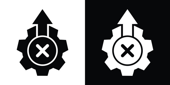 Minimalist design featuring a cogwheel with an upward arrow and a cross error symbol inside. Suitable for representing system failure, process cancellation, or troubleshooting workflows.