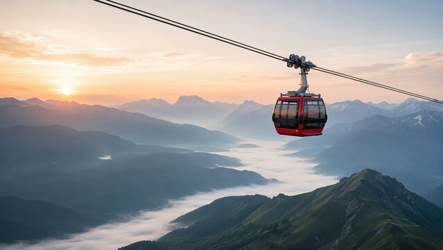 T&eacute;l&eacute;ph&eacute;rique rouge au-dessus des montagnes au lever du soleil
