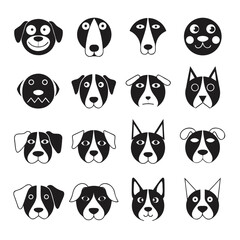 Naklejka premium Set of cute dog face icons in flat black and white style