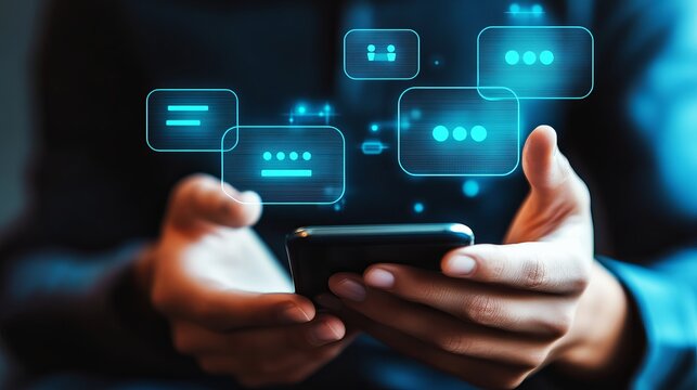 Person holding a smartphone while interacting with bright blue glowing digital chat bubble icons floating in the dark air space