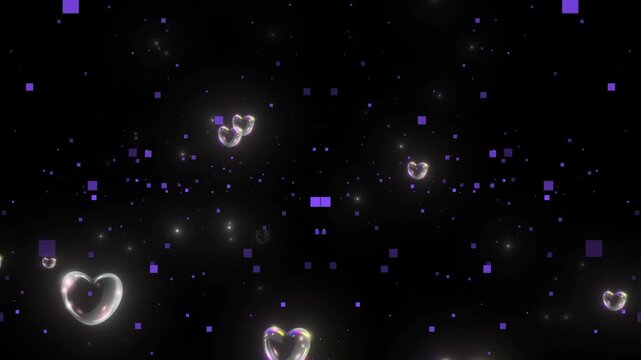 Glowing heart bubbles float in dark space with purple squares