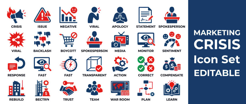 Marketing Crisis Icon Set: Strategy, Management, and Communication Symbols