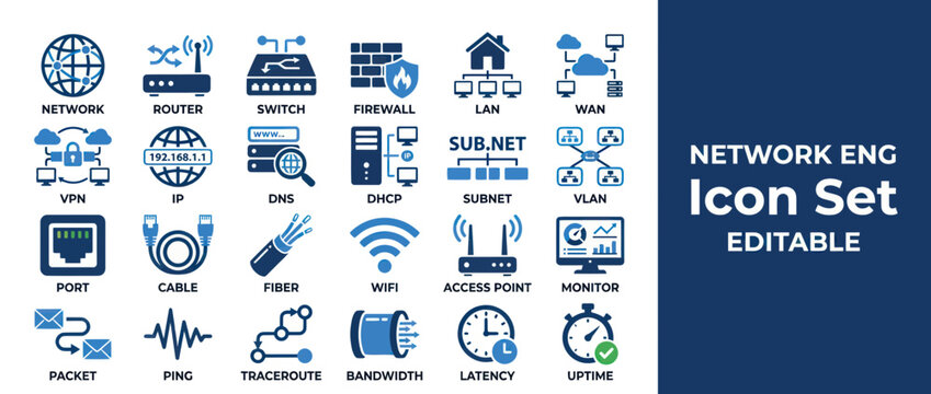 Network Engineering Icon Set: Internet, Router, Firewall, VPN, WiFi, Data Icons