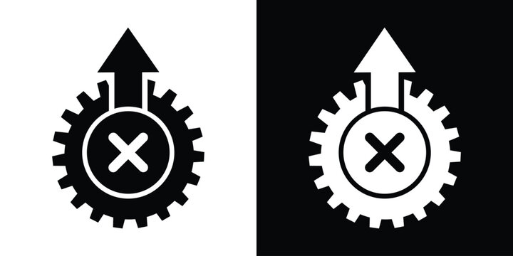 Minimalist design featuring a cogwheel with an upward arrow and a cross error symbol inside. Suitable for representing system failure, process cancellation, or troubleshooting workflows.