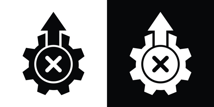 Minimalist design featuring a cogwheel with an upward arrow and a cross error symbol inside. Suitable for representing system failure, process cancellation, or troubleshooting workflows.