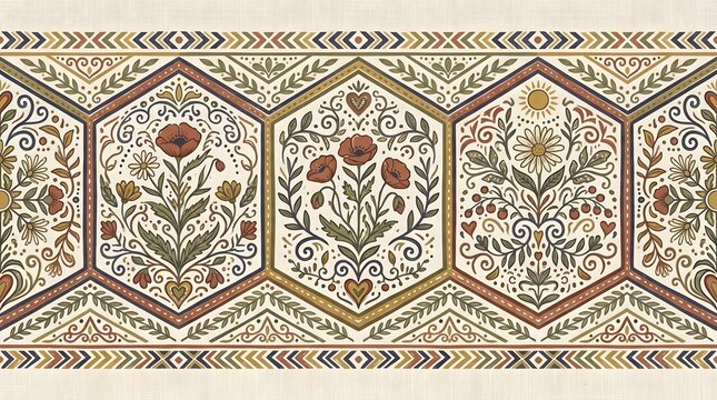 Intricate folk art floral border design featuring repeating hexagonal panels filled with detailed hand drawn botanical elements like poppies daisies and swirling vines rendered