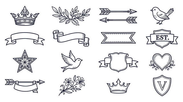 Vintage heraldic design elements set with royal crowns banners scrolls and shield shapes.