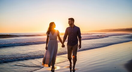 Fototapeta premium Romantic Couple Walking Hand in Hand on Beach at Sunset