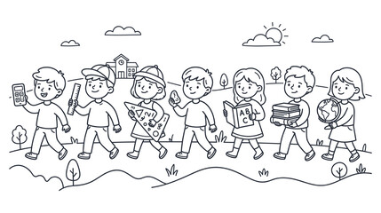 Fototapeta premium School children walking together holding educational tools and books coloring page vector.