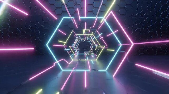 Neon Hexagonal Tunnel on Dark Geometric Background - A futuristic tunnel formed by neon hexagonal shapes in vibrant pink, blue, and yellow hues.
