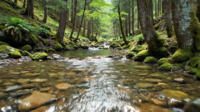 Flowing clear stream through lush green forest, moss covered rocks, dappled sunlight, peaceful nature scene