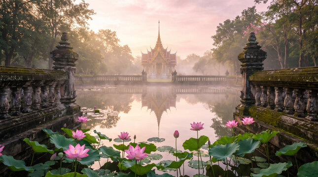 Serene Thai Temple at Dawn Reflected in Lotus Pond with Pink Blossoms and Morning Mist, Sacred Garden