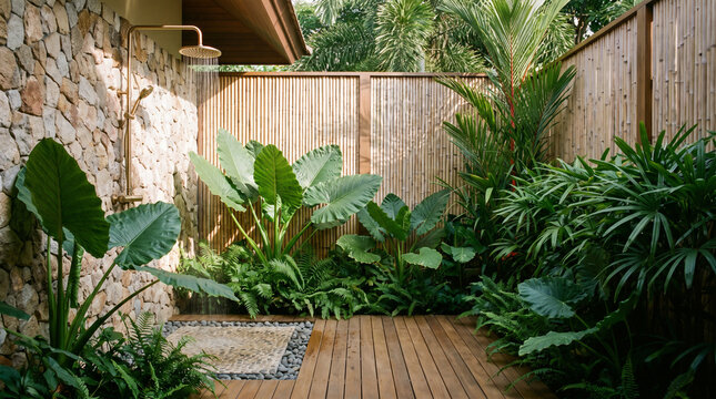Thai Tropical Outdoor Shower Garden with Brass Rainfall Head, Stone Wall and Lush Elephant Ear Plants
