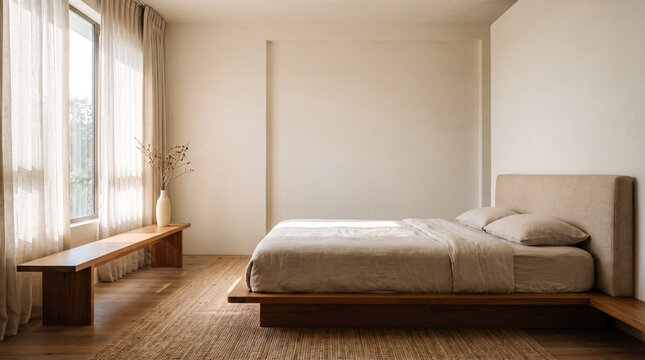 Wide Thai Minimalist Bedroom with Low Platform Teak Bed, Neutral Linen Bedding and Sheer Curtains in Natural Light