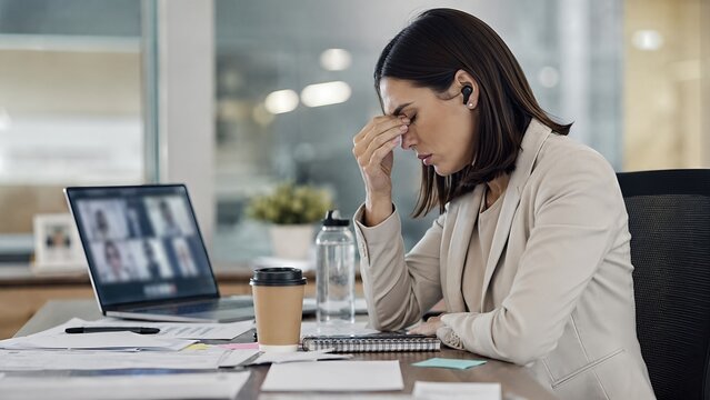 Busy business woman shows video meeting exhaustion at office desk, wearing headset near laptop, notes and coffee, expressing burnout and screen fatigue.