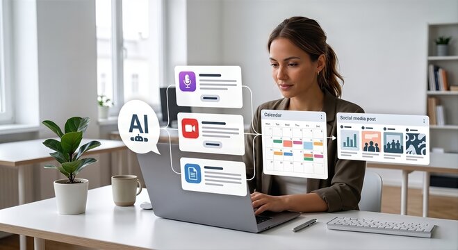 AI content planning scene with human user and laptop, showing one idea expanded into content cards and calendar blocks, practical concept for marketing and creator workflow