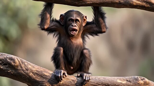 Young Chimpanzee Hanging from a Tree Branch - This video features a young chimpanzee hanging playfully from a tree branch.