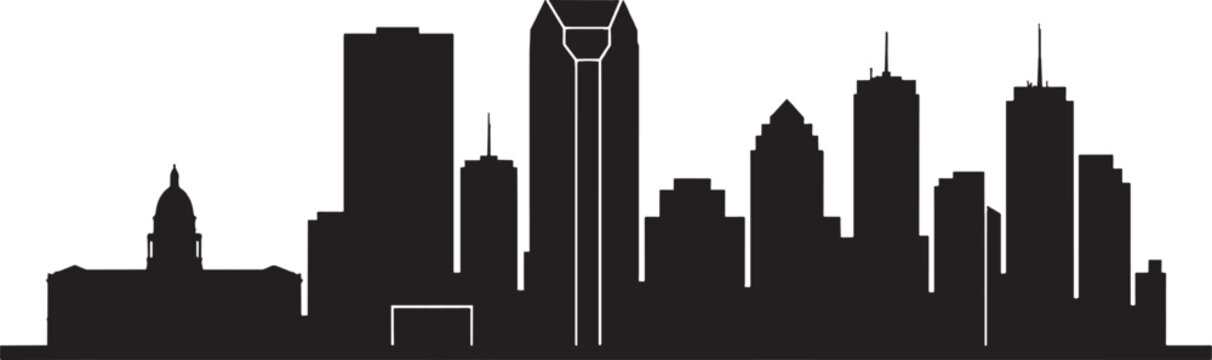 Dallas city skyline silhouette showing modern buildings and skyscrapers in a simple black and white vector graphic isolated on transparent background, Vector