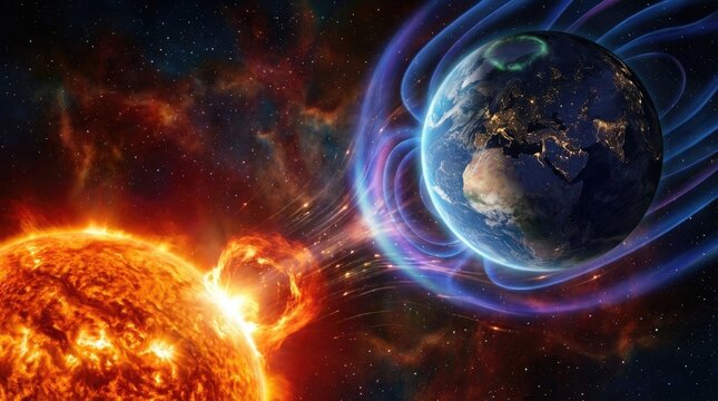 Sun, powerful solar flare eruption, plasma stream toward Earth, vibrant geomagnetic storm activity, aurora within protective magnetosphere, cosmic energy display.