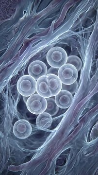 Pluripotent progenitor showing early cellular division within a biological tissue matrix, depicting regenerative medicine research and development advancement.