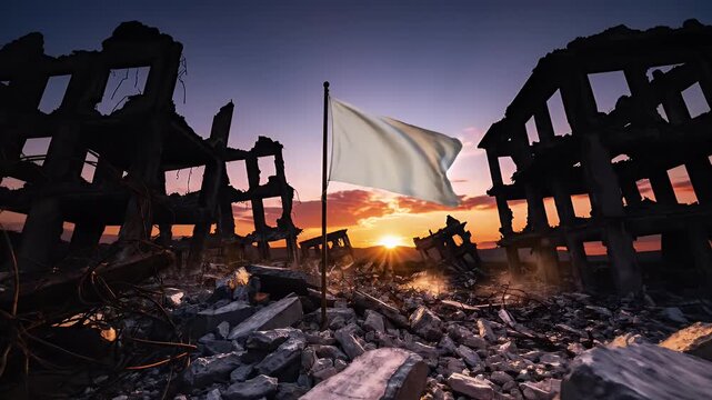 White Flag Over City Ruins at Dusk - This video depicts a desolate scene of city ruins silhouetted against a dusk sky, with a white flag waving amidst the debris.