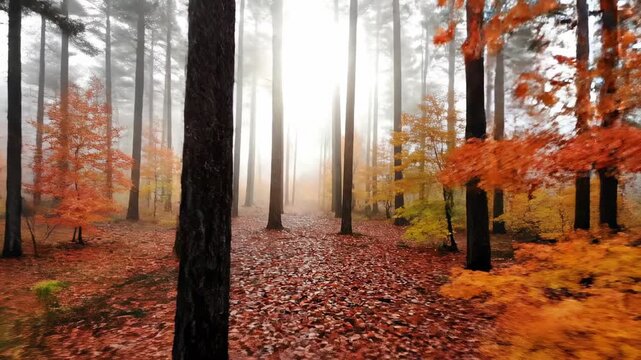 Misty forest path with vibrant autumn foliage, tall pine trees, sunlight breaking through fog, serene nature scene