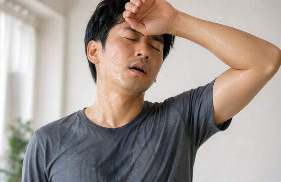 大量に汗をかく男性・発汗と暑さのイメージ