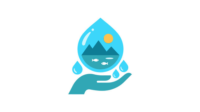 Water Conservation Icon: Hand Protecting Nature Landscape Inside Droplet