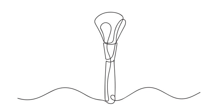 Single line abstract makeup brush. Continuous line drawing of cosmetic brush for flawless makeup application. Beauty essentials theme. Clean artistic style. One line vector illustration.