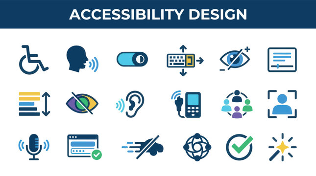 Accessibility design icon collection with inclusive interface assistive technology disability support and usability symbols