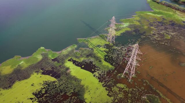 Drone view of high voltage pylons rising from a green algae bloom on a lake