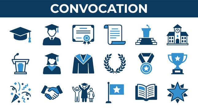 Convocation graduation ceremony education icon collection with diploma student award podium campus trophy and academic symbols