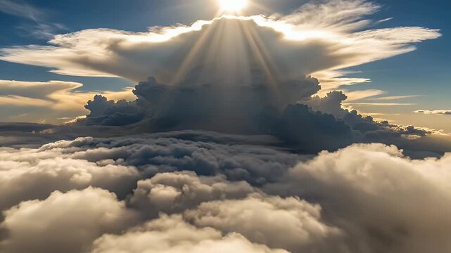 Sunlight Over Layered Cloudscape - A stunning aerial view showcases a massive, tiered cloud formation brilliantly illuminated by sunlight from above.