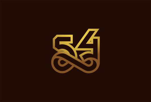 Number 54 Logo, Golden Number 54 with infinity icon combination in line style, flat design logo template , vector illustration