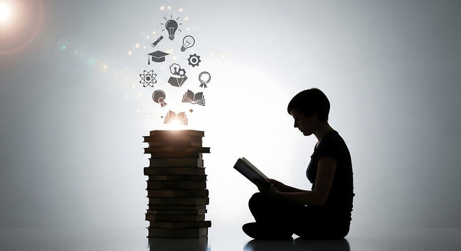 Unlocking wisdom A solitary reader surrounded by books, generating a stream of educational icons that signify discovery and the boundless pursuit of knowledge