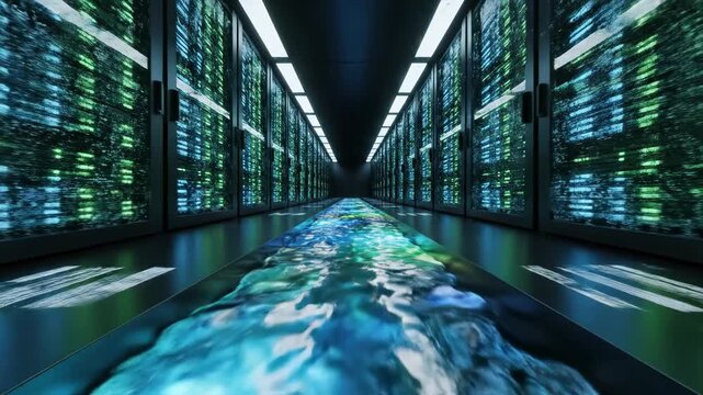 Abstract data stream flowing through a futuristic server room with glowing blue and green lights, digital information highway, cybersecurity concept