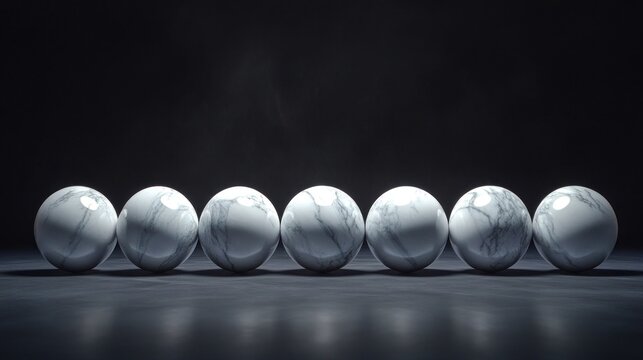Seven polished marble spheres in a row on dark reflective surface.