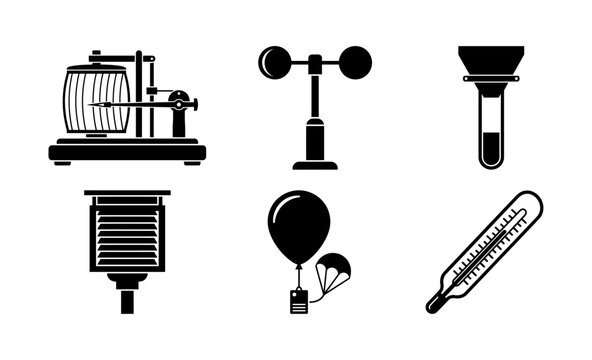 Black and white icon set of meteorological instruments including thermometer, anemometer, weather balloon, barograph, rain gauge, and stevenson screen