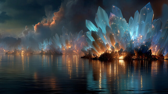 Mystical Crystal Bloom: Luminescent crystals erupt from a tranquil body of water, reflecting a dramatic sky ablaze with fiery clouds, creating an otherworldly and enchanting landscape.