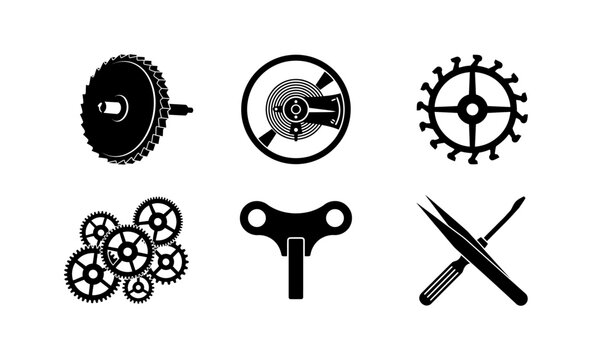 Set of six intricate mechanical gear and watchmaker tool silhouette icons representing engineering precision and clockwork repair