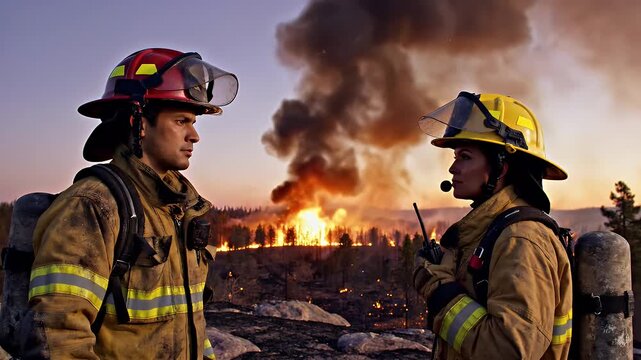 Firefighters Facing Wildfire - Two professional firefighters, one male and one female, wearing protective gear and hard hats, stand in front of a massive forest wildfire.