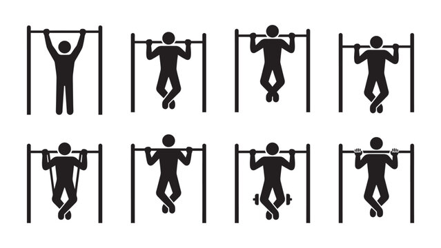 Set of stick figure icons showing different pull up exercise variations.