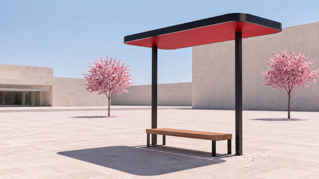 Banc public avec auvent minimaliste sur une place ensoleill&eacute;e
