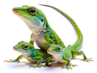 Fototapeta premium Two Green Anole Lizards Resting on White Background Close Up Detailed View
