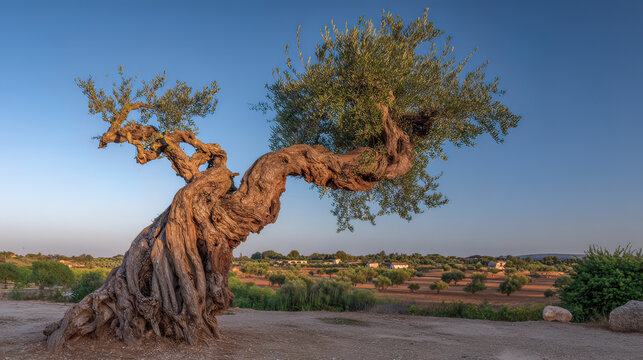 bark. Ancient olive tree with twisted, powerful branches under the golden light of sunset, deep shadows. inspiring travel planning, gardening catalogs, designed for gardening and botanical catalogs.
